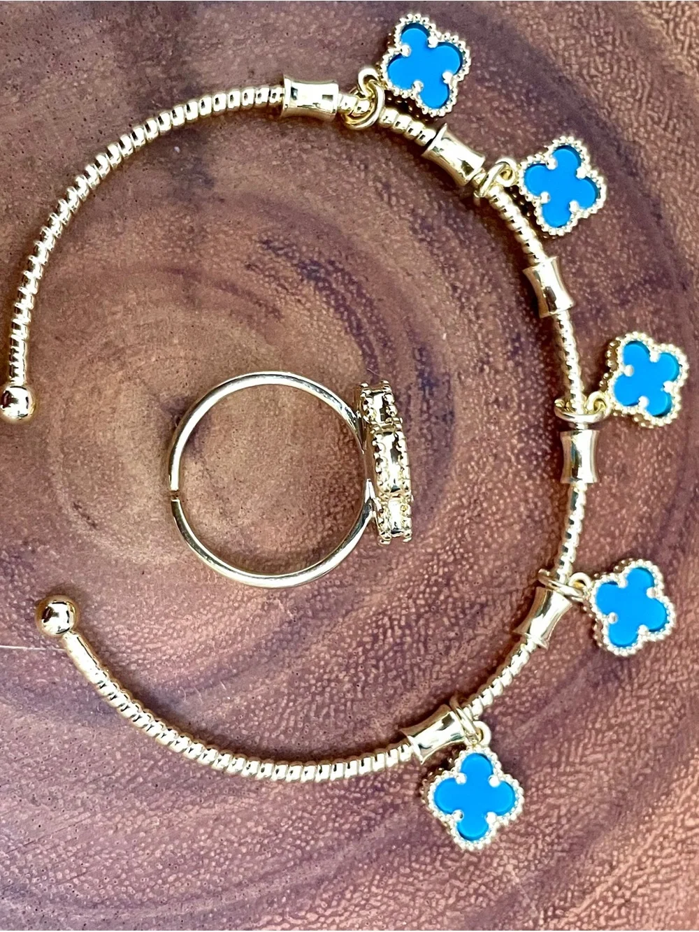 Blue Gold Filled Clovers Adjustable Cuff Bracelet Adjustable Ring 2 Pc Set NWOT